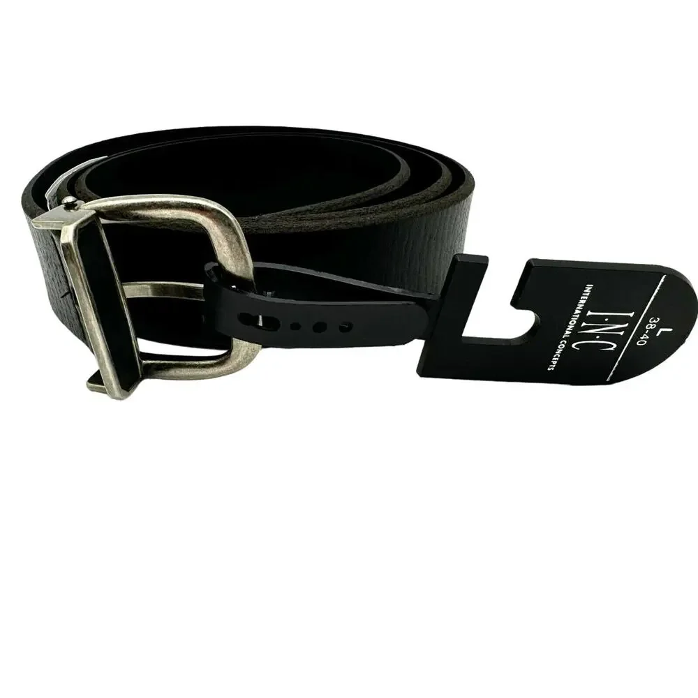 INC | NWT Men's Large 38-40 Black Genuine Leather Western Silver Buckle Belt NEW